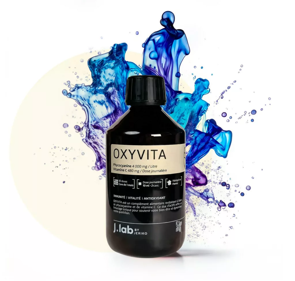 Bouteille de JLAB Oxyvita, complément alimentaire Jeriko à la phycocyanine et vitamine C.